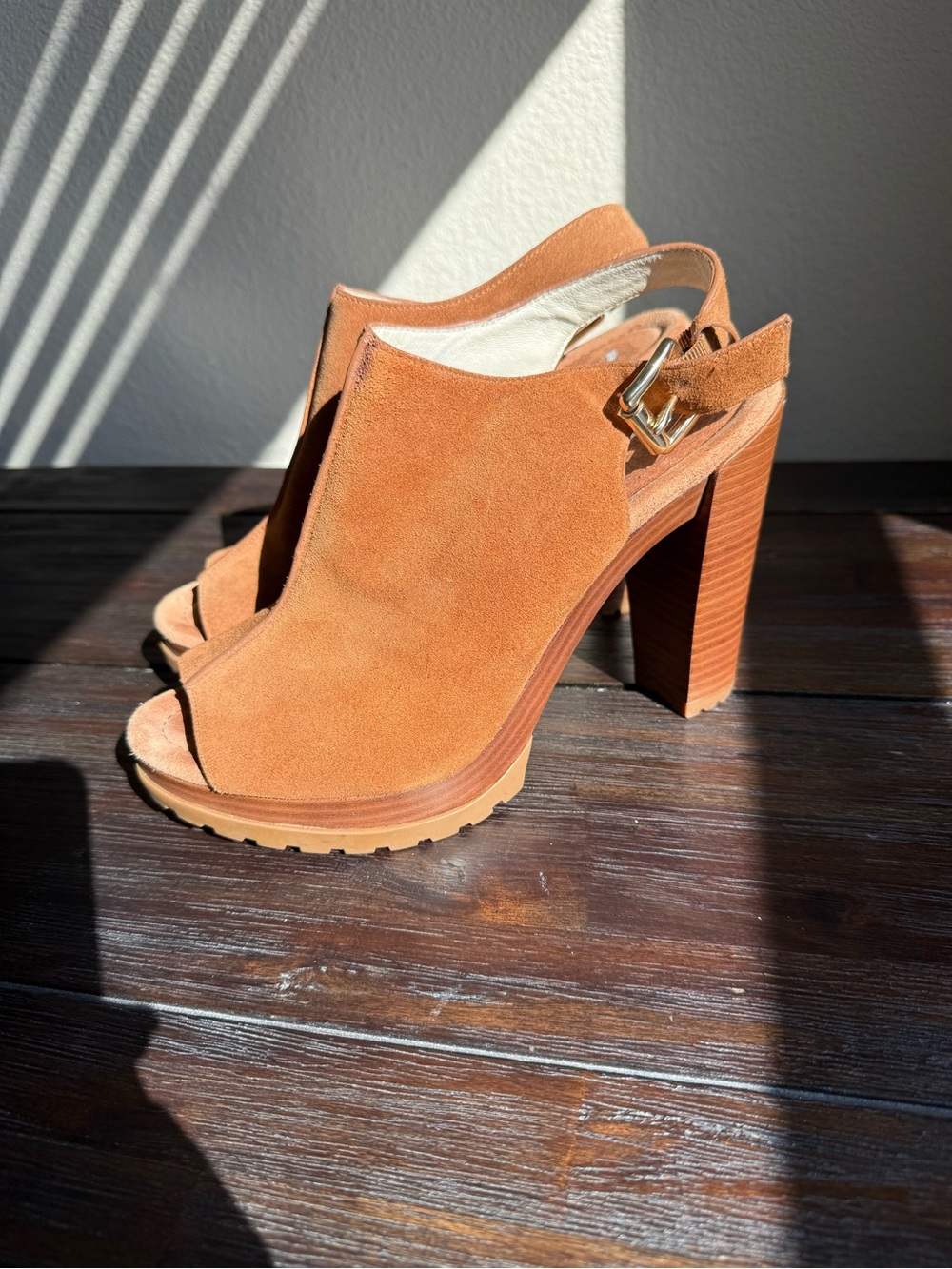 Michael Kors Tan Suede Peep-Toe Block Heel Slingbacks